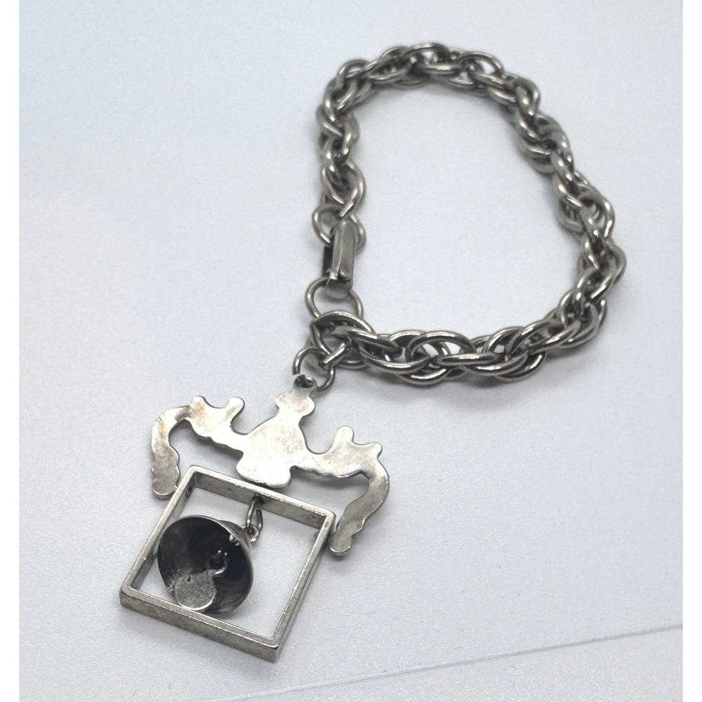 Vintage Silver Tone Double Link Chain Bracelet with Bell Charm Pendant